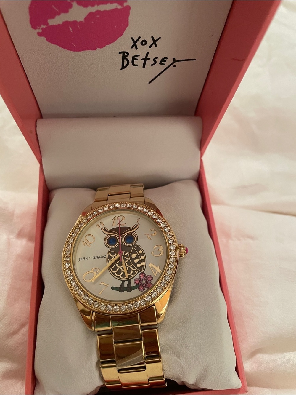 Betsey Johnson Gold Owl Accent Watch with Pink and Blue Details
